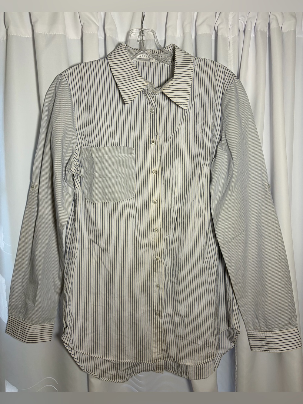 DONNA DEGNAN Navy Blue & White Stripe Button Down Shirt size 4